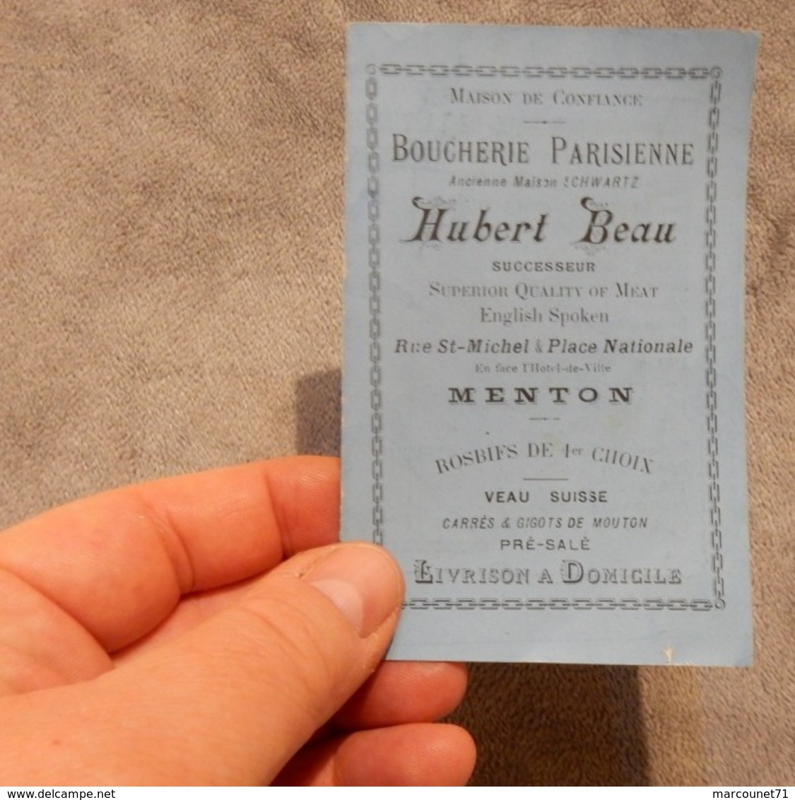 Rare Document Commercial Début 20 Eme Boucherie Parisienne Hubert Beau Menton Tarif - 1900 – 1949