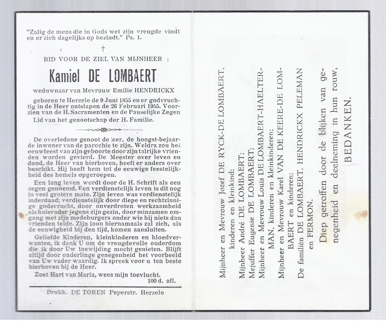 DOODSPRENTJE DE LOMBAERT HENDRICKX ° HERZELE 1855 + 1955 DE HOOGST-BEJAARDE INWONER VAN DE PAROCHIE BIJNA 100-JARIGE - Devotion Images