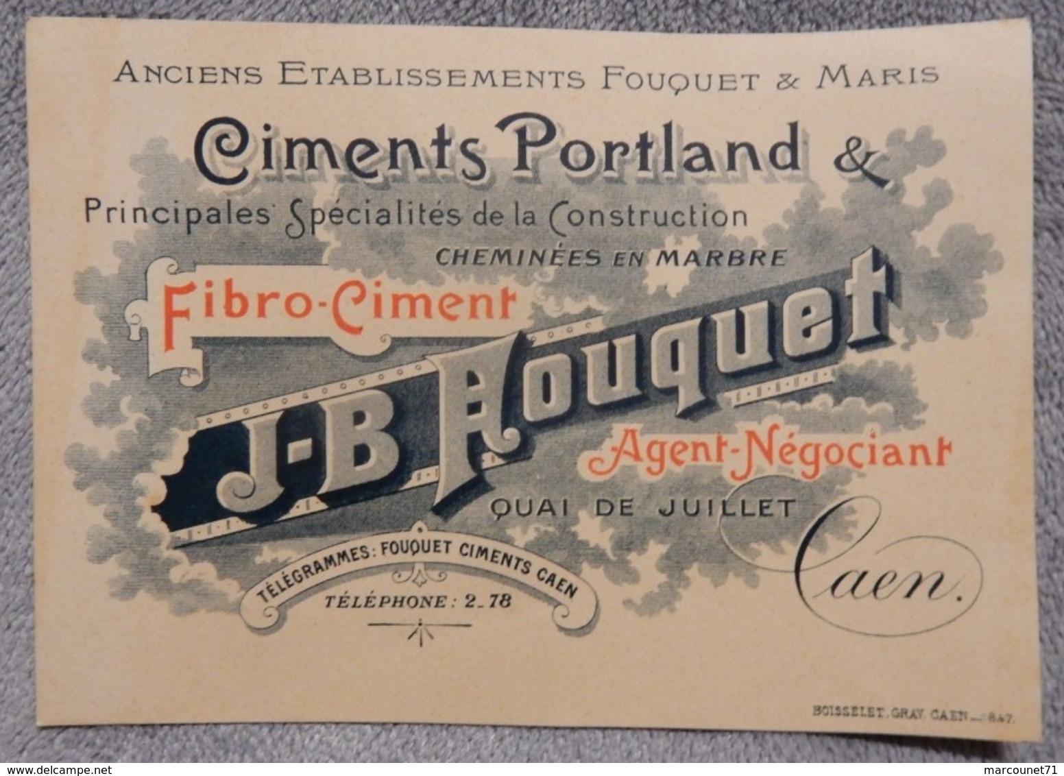 Ancienne Carte De Visite Art Nouveau établissement Fouquet Maris Ciment Portland JB Fouquet Caen - 1900 – 1949