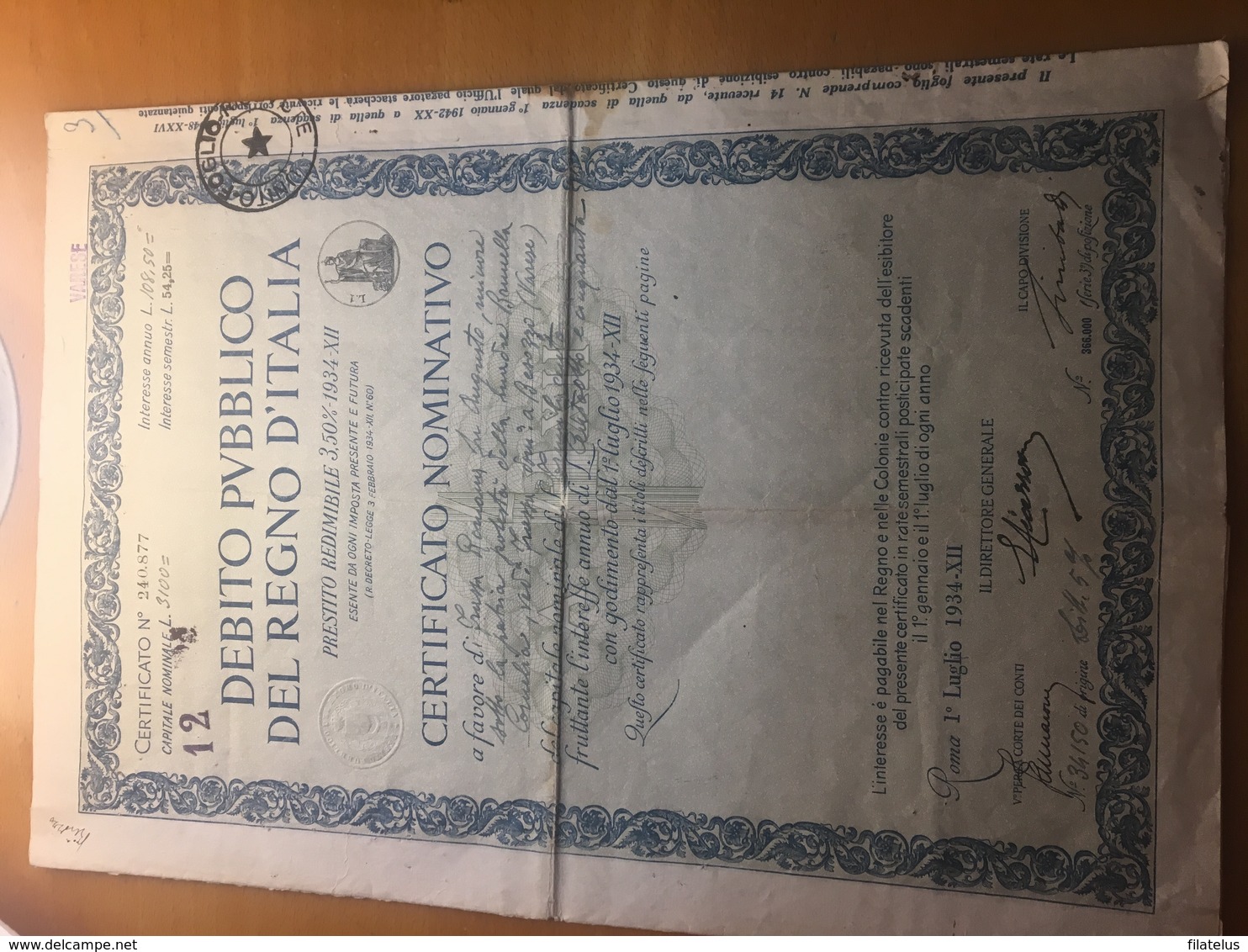 DEBITO PUBBLICO DEL REGNO D’ITALIA-CERTIFICATO NOMINATIVO-17-1934 - Altri & Non Classificati