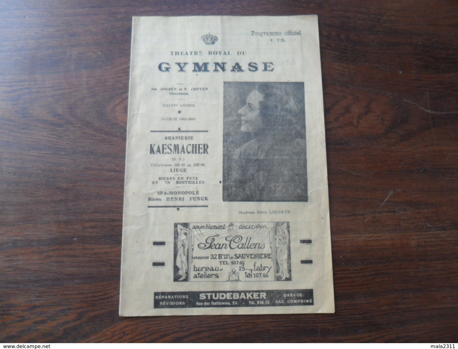 ANCIEN PROGRAMME / THEATRE ROYAL DU GYMNASE / SAISON 1942 -1943 - Programmes