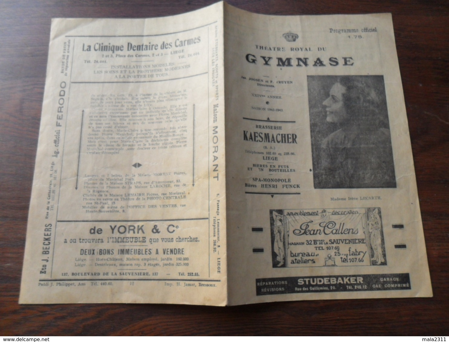 ANCIEN PROGRAMME / THEATRE ROYAL DU GYMNASE / SAISON 1942 -1943 - Programmes