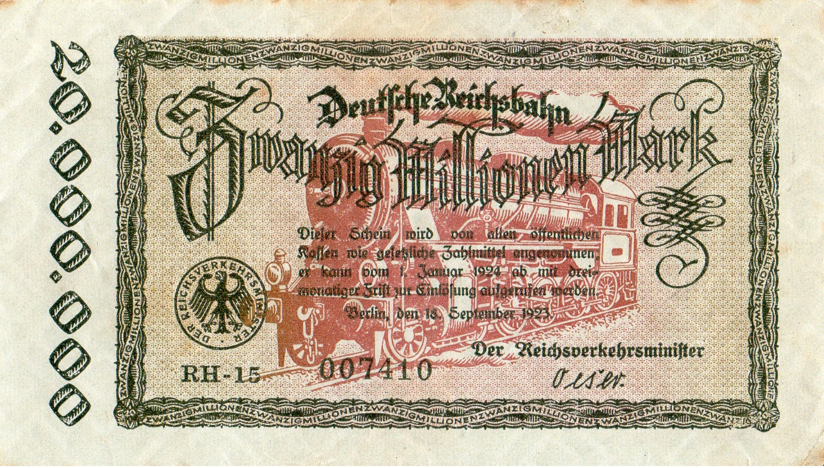 Notgeld Reichsbahn 20  Millionen Mark  Berlin - 20 Millionen Mark