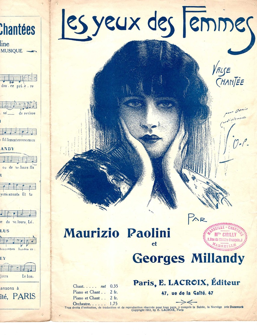 CAF CONC GEORGES MILLANDY PARTITION LES YEUX DES FEMMES DAMIA PAOLINI ILL GEORGES DOLA 1912 BON ORIGINAL - Autres & Non Classés