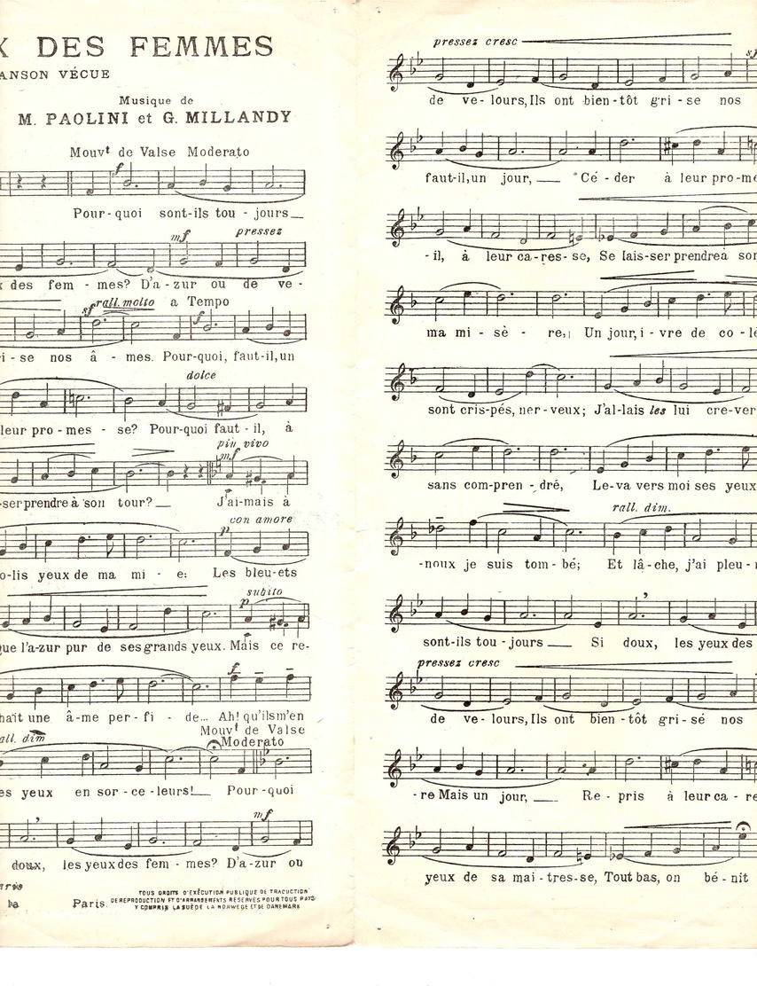 CAF CONC GEORGES MILLANDY PARTITION LES YEUX DES FEMMES DAMIA PAOLINI ILL GEORGES DOLA 1912 BON ORIGINAL - Autres & Non Classés