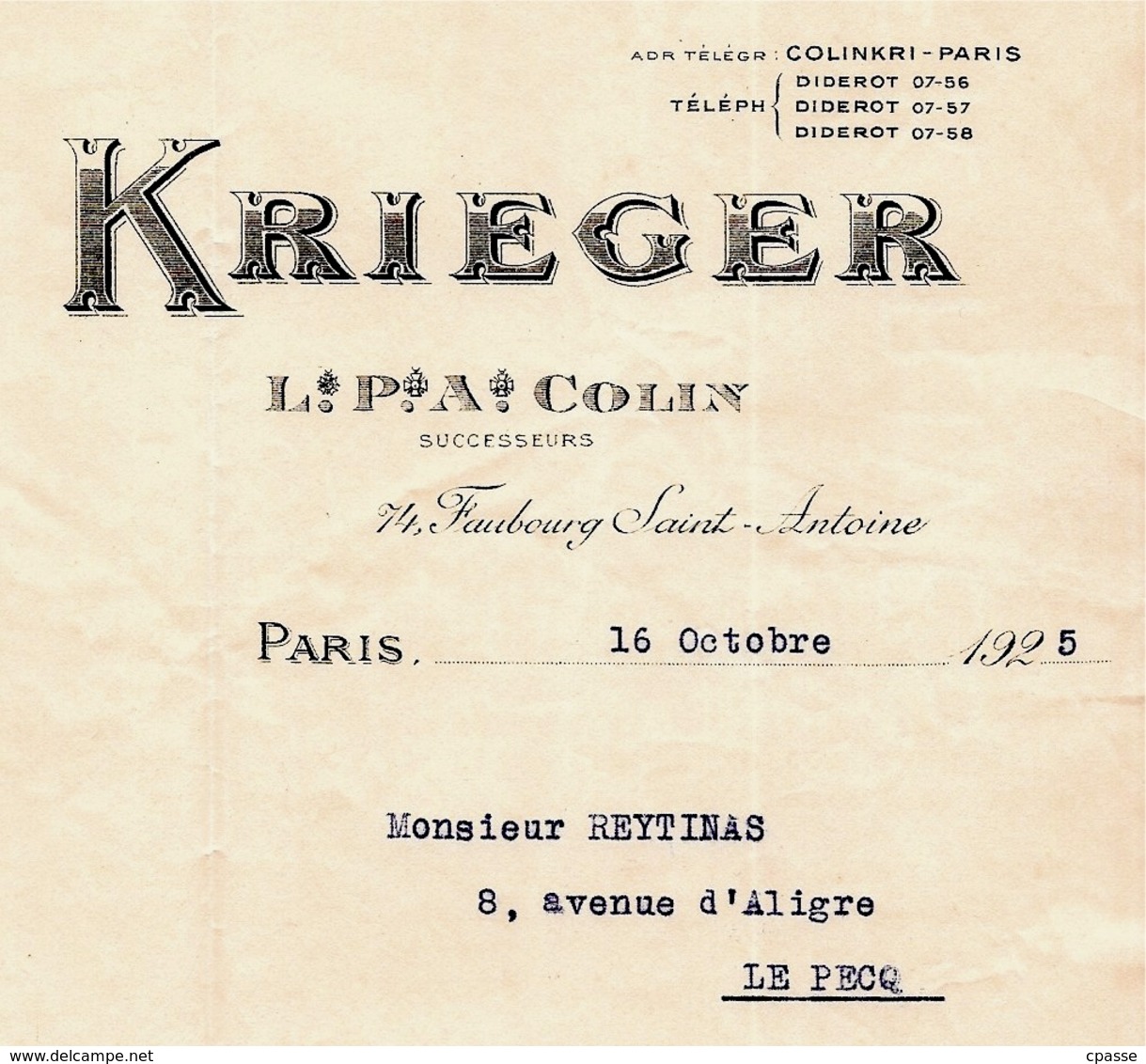 Courrier Commercial KRIEGER L.P.A. Colin AMEUBLEMENT Faubourg St Saint-Antoine 75012 PARIS - 1900 – 1949