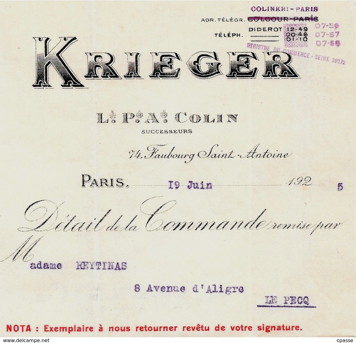 Facture + Enveloppe à En-tête KRIEGER L.P.A. Colin AMEUBLEMENT Faubourg St Saint-Antoine 75012 PARIS - 1900 – 1949