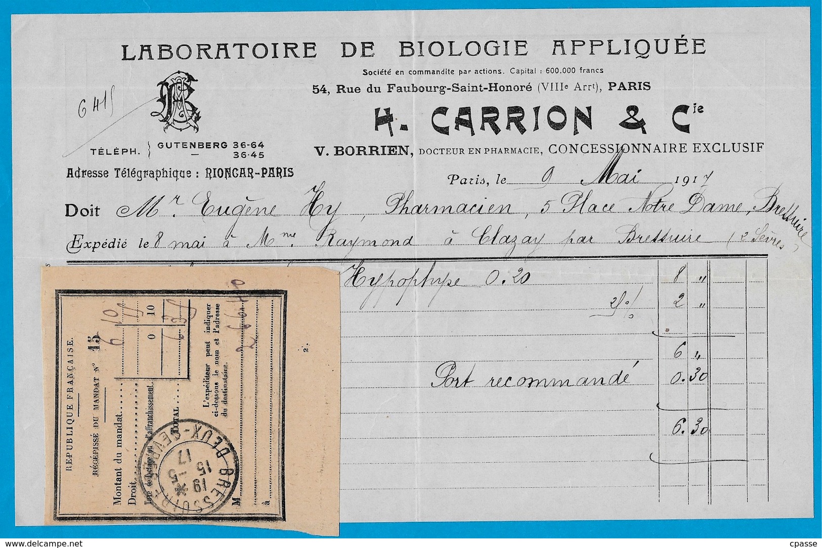 Facture Laboratoire De Biologie Appliquée H. CARRION & Cie (V. BORRIEN Docteur En Pharmacie) 75008 PARIS - 1900 – 1949