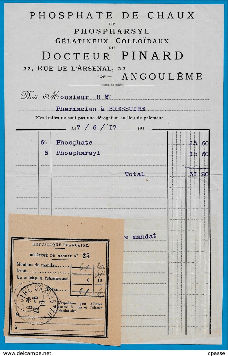 Facture DOCTEUR PINARD Rue De L' Arsenal 16 ANGOULÊME - PHOSPHATE De CHAUX - PHOSPHARSYL (Pharmacie) - 1900 – 1949