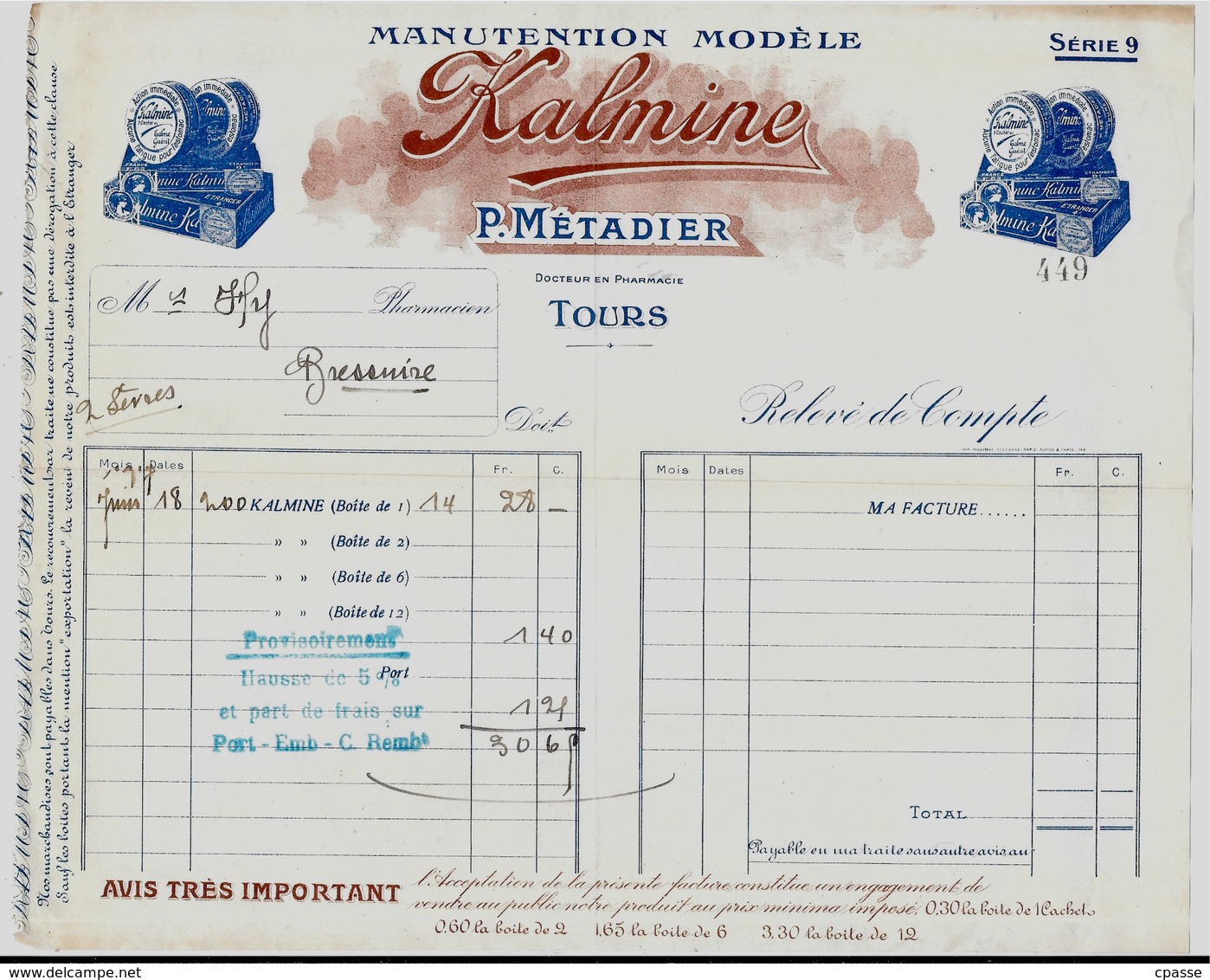 Facture KALMINE P. METADIER Docteur En Pharmacie 37 TOURS - 1900 – 1949