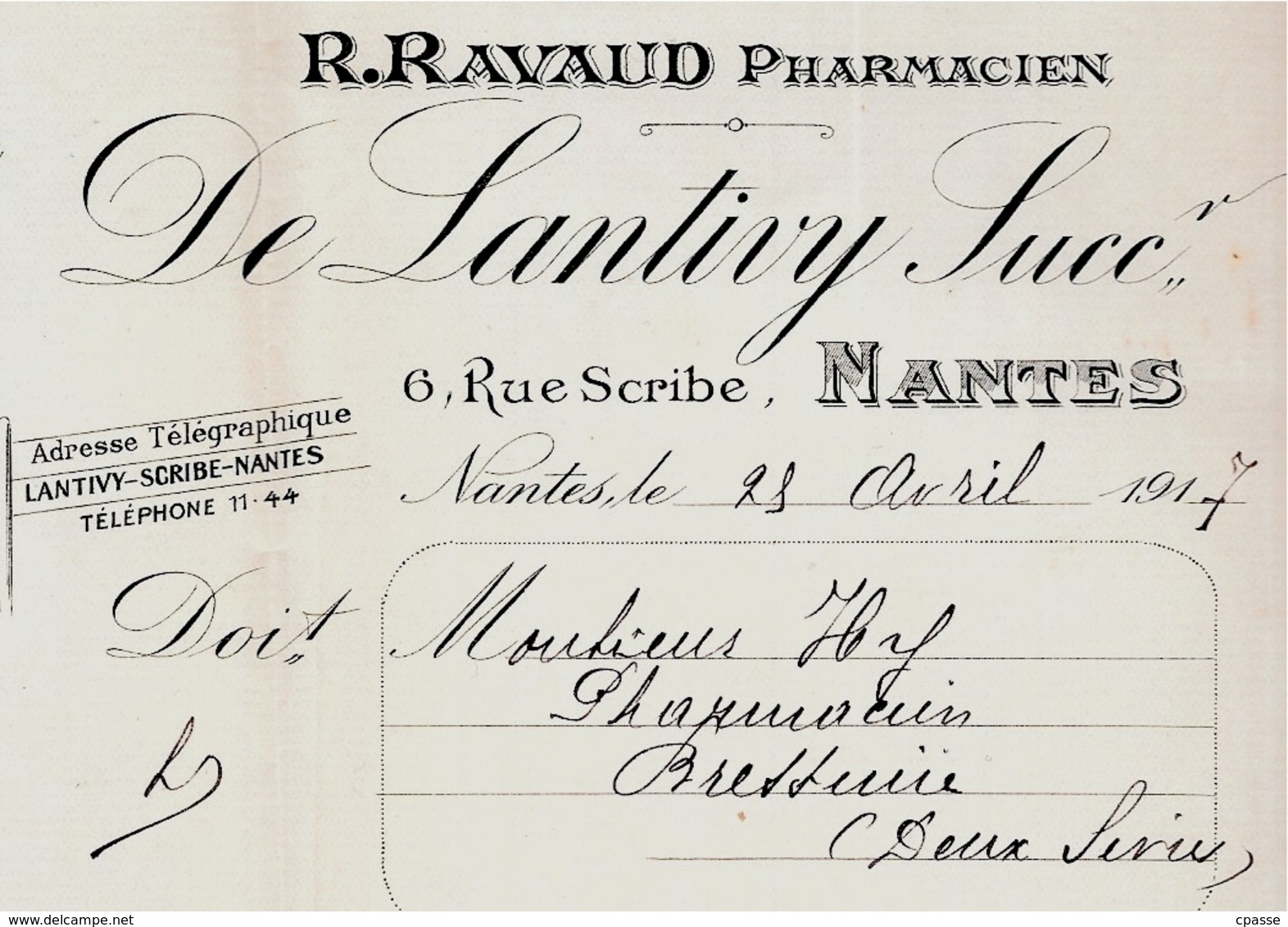 Facture R. RAVAUD Pharmacien DE LANTIVY Succr. Rue Scribe 44 NANTES (Pharmacie Et...sucettes) - 1900 – 1949