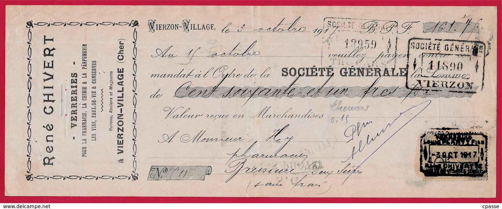 LETTRE De CHANGE - René CHIVERT 18 VIERZON-VILLAGE Cher (Verreries Pour La Pharmacie Etc...) SOCIETE GENERALE - Bills Of Exchange