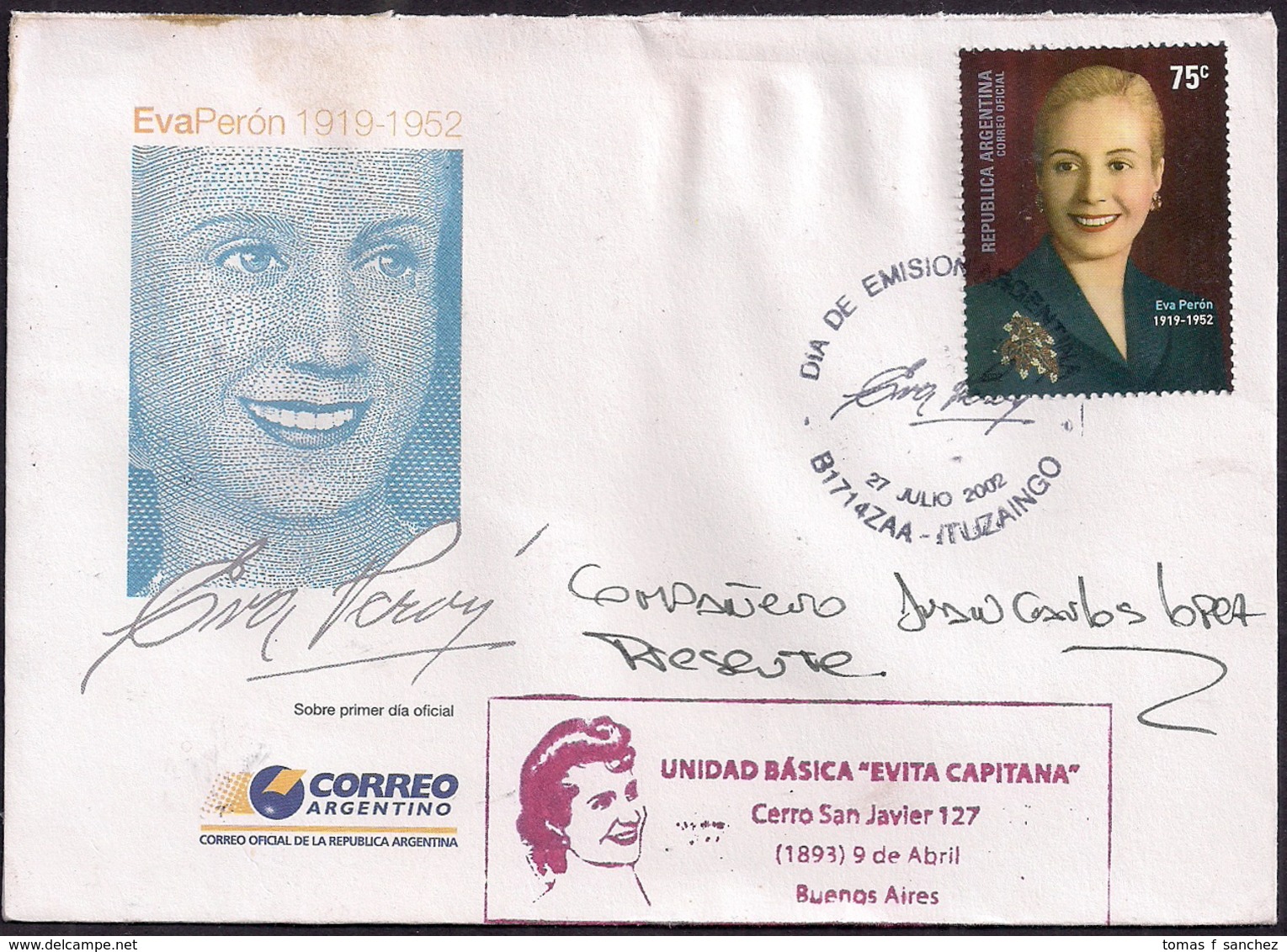 Argentina - 2002 - Lettre - Eva Peron 1919-1952 - 50 Ans De Sa Mort - Lettres & Documents