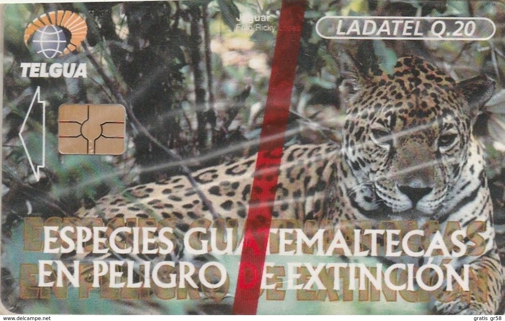 Guatemala - GT-TLG-0011A, Telgua - Ladatel, Jaguar, GEM5 (Red), Animals (Fauna), Cats, 1999, Mint - NSB As Scan - Guatemala