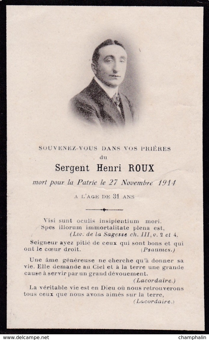 Mémento Décès - Henri Roux - 210ème Régiment D'Infanterie - 27/11/1914 - Nuits-Saint-Georges (21) Bois Brûlé (55) WW1 - Décès