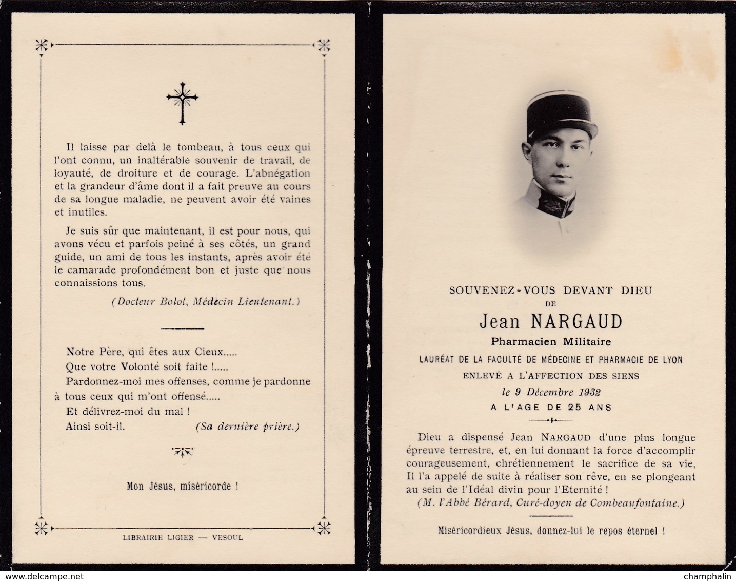 Faire-part De Décès - Mémento - Jean Nargaud - Pharmacien Militaire - 9 Décembre 1932 - Faculté De Lyon (69) - Décès