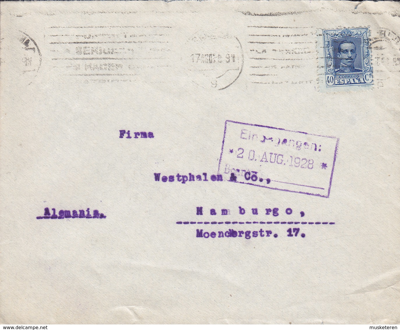 Spain WESTPHALEN Hnos., TMS Cds. BARCELONA 1928 Cover Letra HAMBURG Germany 40c. Alphonse XIII. - Cartas & Documentos