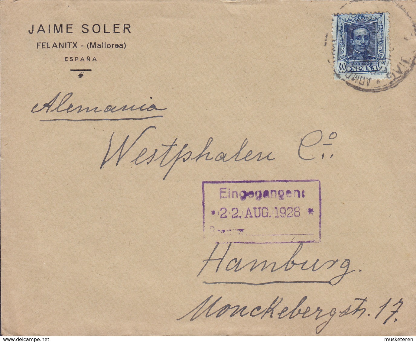 Spain JAIME SOLER Felanitx (Mallorca) 1928 Cover Letra HAMBURG Germany 40c. Alphonse XIII. - Cartas & Documentos