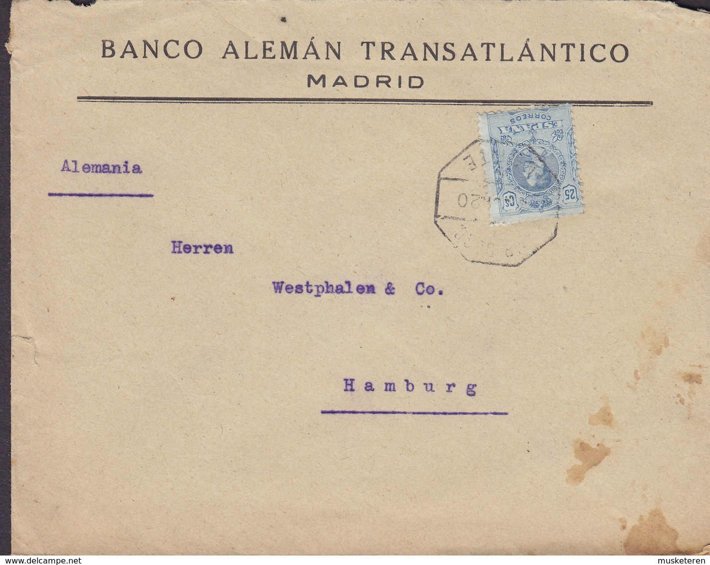 Spain BANCO ALEMÁN TRANSATLÁNTICO, MADRID 1920 Cover Letra HAMBURG Germany 25c. Alphonse XIII. - Cartas & Documentos