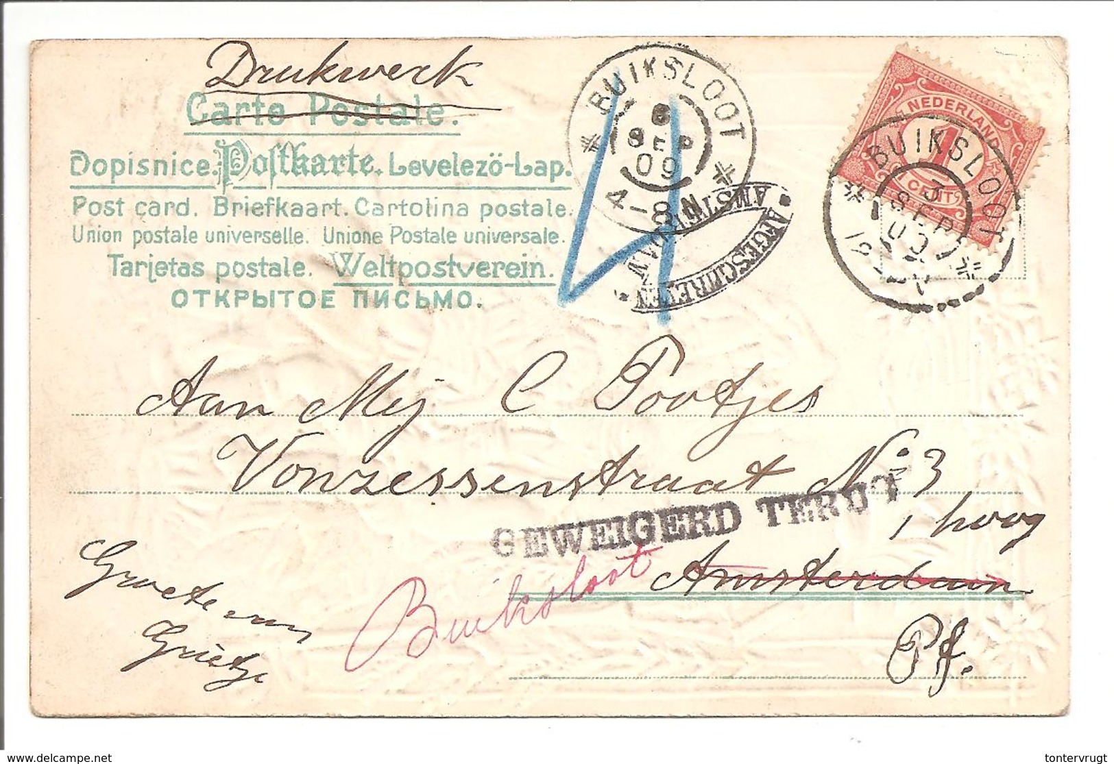 Buiksloot>Amsterdam>Buiksloot 1909. Ovaal Stempel AFGESCHREVEN AMSTERDAM.GEWEIGERD TERUG - Poststempels/ Marcofilie