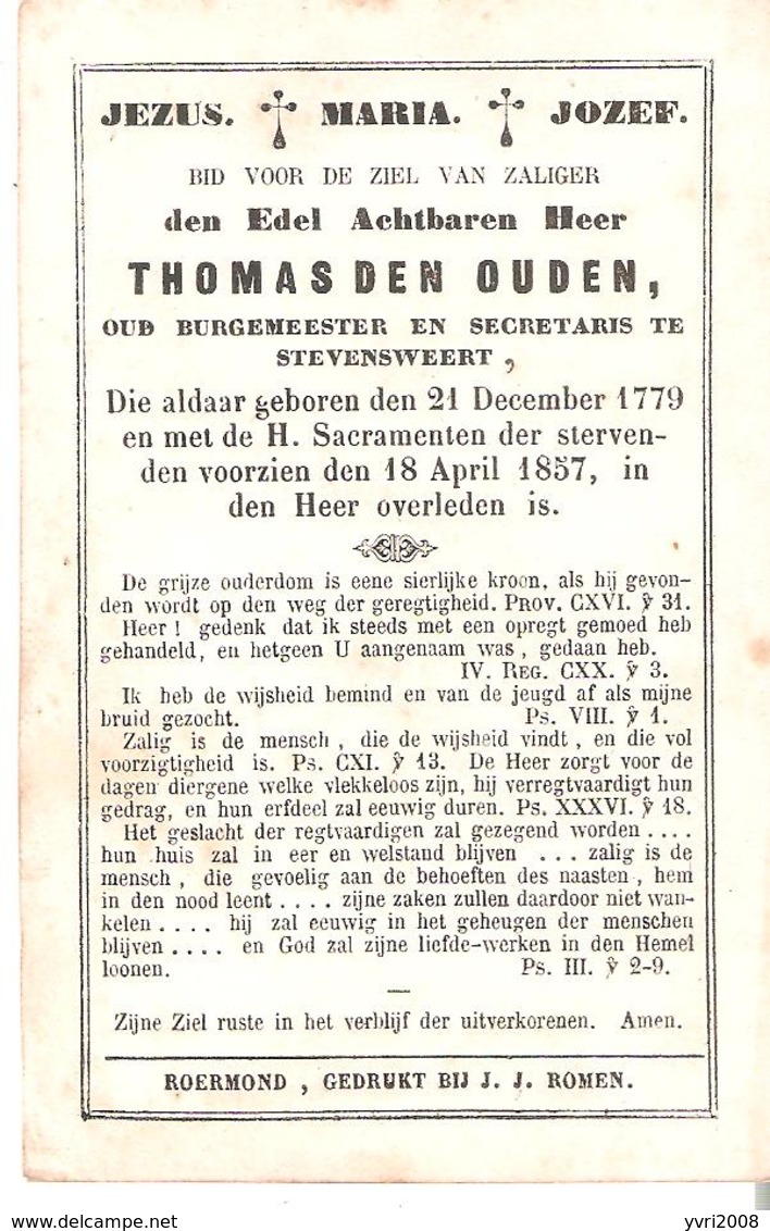 Faire-part THOMAS DEN OUDEN Oud Burgmeester Te STEVENSWEERT Du 18 April 1857 - Décès