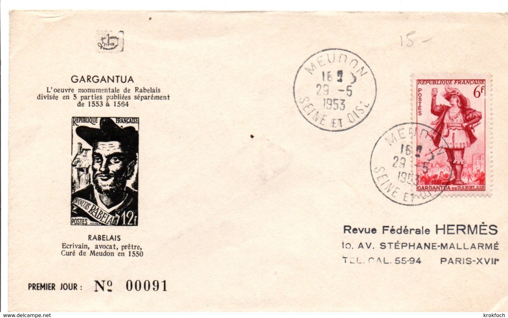 Gargantua De Rabelais 1953 - Meudon - écrivain Avocat Et Prêtre Curé - FDC - 1950-1959