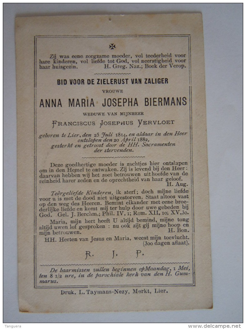 Anna Maria Josepha Biermans Wed Franciscus Josephus Vervloet 1814 1882 Lier Bouasse-Lebel Doodsprentje Image Mortuaire - Andachtsbilder