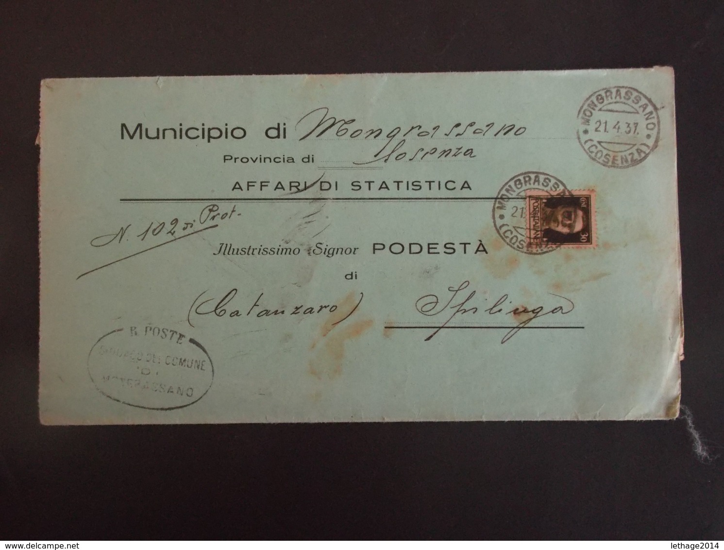 REGNO ITALIA BIGLIETTI CON OVALE DI FRANCHIGIA MONGRASSANO REGIE POSTE 1937 - Zonder Portkosten