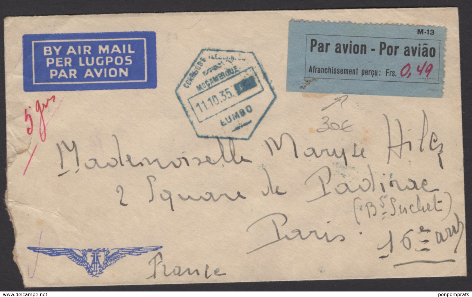 Enveloppe PAR AVION  Affranchissement à 4 Timbres Oblt LUMBO 1935 Pour PARIS - Mozambique