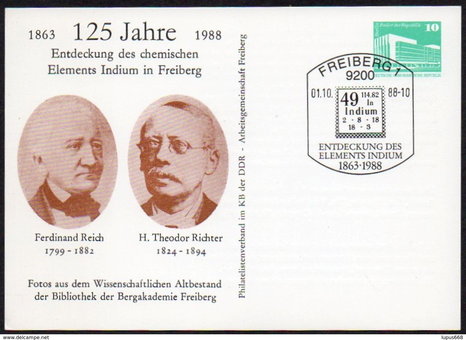 DDR 1988 Postkarte Auf Private Bestellung: 125 Jahre Entdeckung Des Elements Indium ;  Sonderstempel  9200 FREIBERG 1 - Sonstige & Ohne Zuordnung