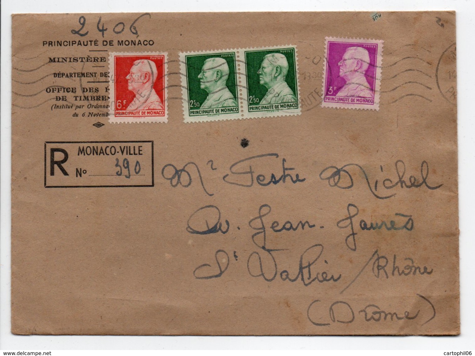 - Lettre Recommandée MONACO-VILLE Pour SAINT-VALLIER-SUR-RHÔNE 14.1.1947 - Bel Affranchissement Philatélique - - Covers & Documents