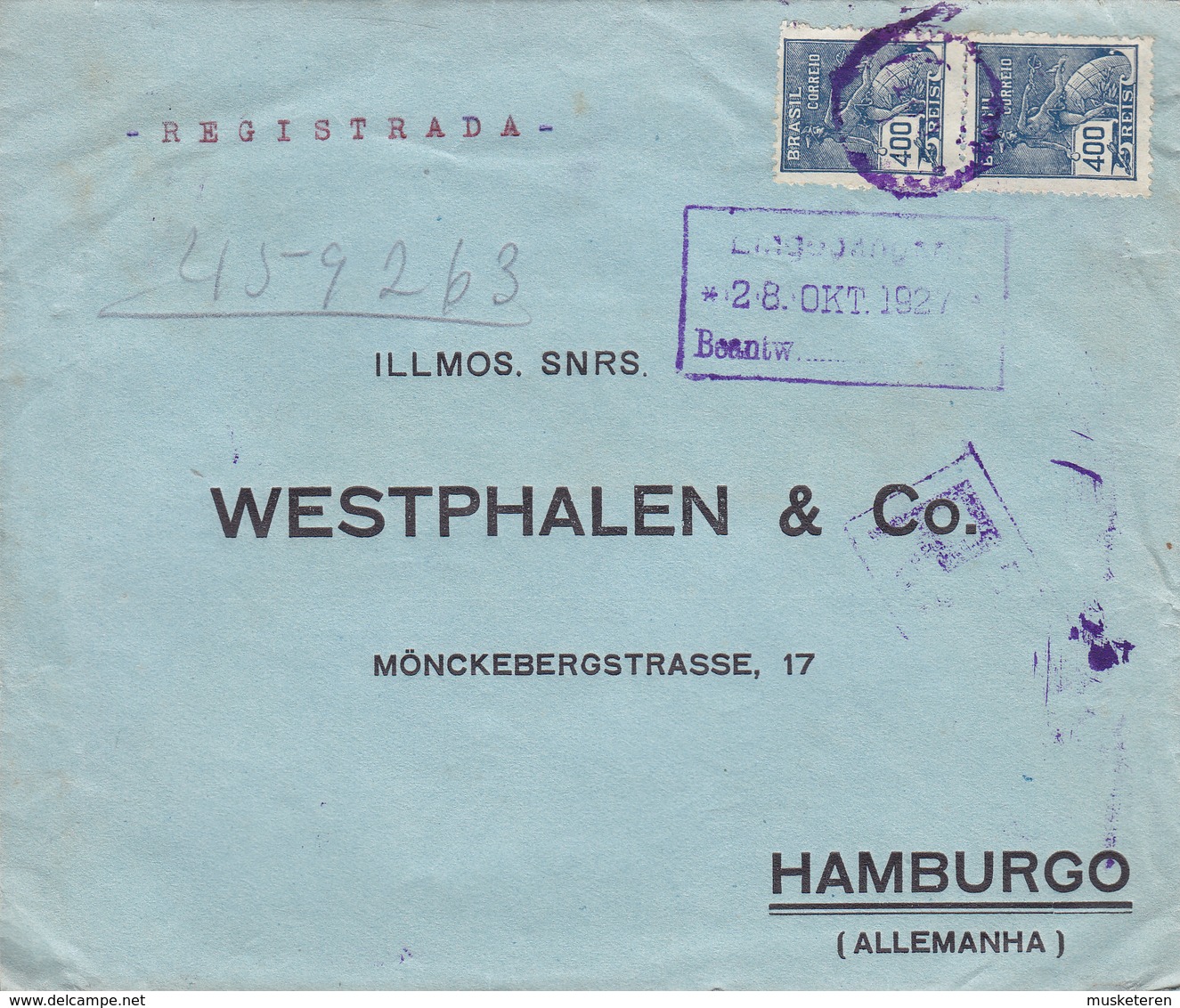 Brazil WOHLGEMUTH & LIMA Registered Registrada SAO PAULO 1927 Cover Letra HAMBURG Einschreibzustellung Arr. Cds. Germany - Cartas & Documentos