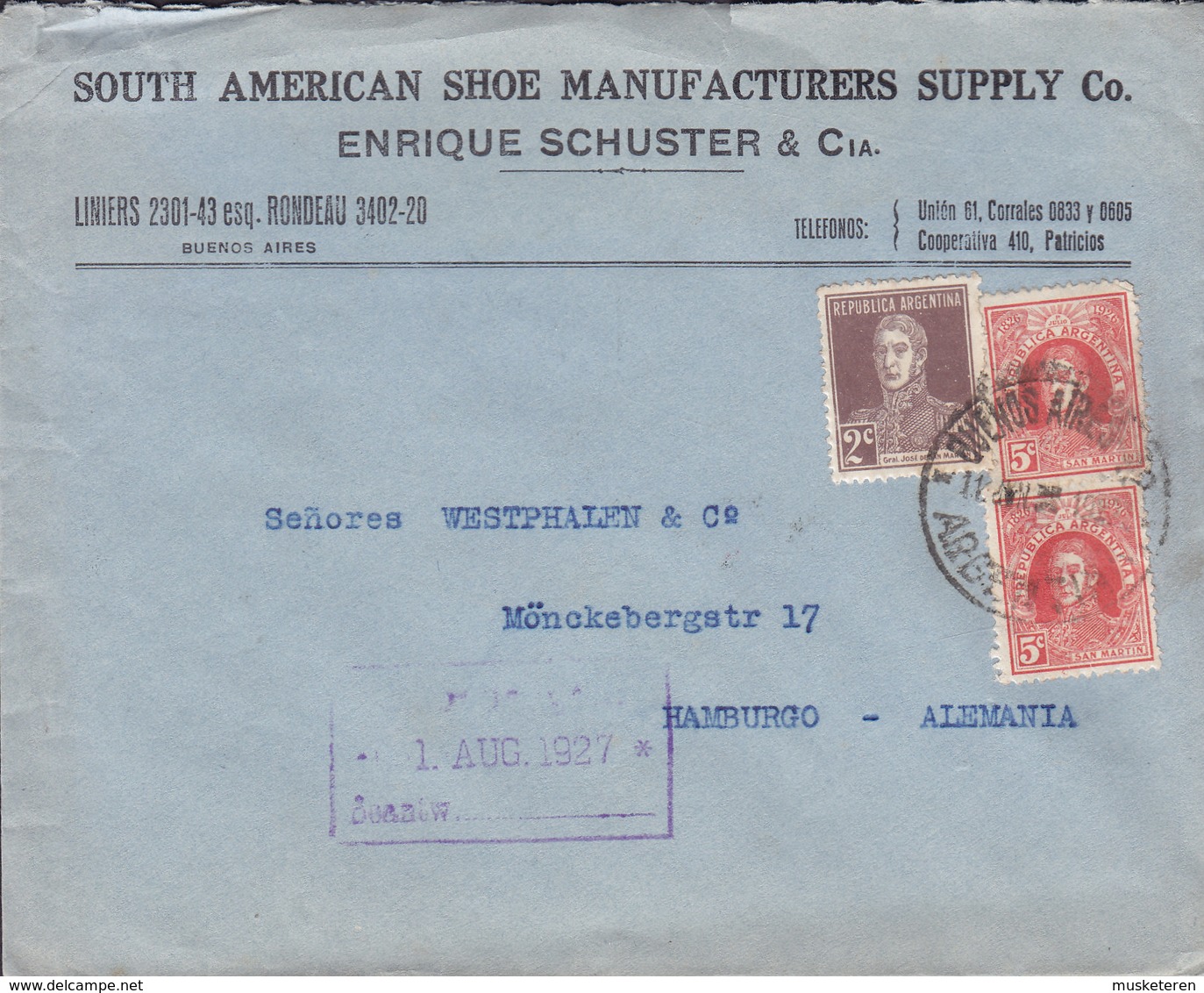 Argentina SOUTH AMERICAN SHOE MANUFACTURERS SUPPLY Co., BUENOS AIRES 1927 Cover Letra HAMBURG Germany (2 Scans) - Cartas & Documentos