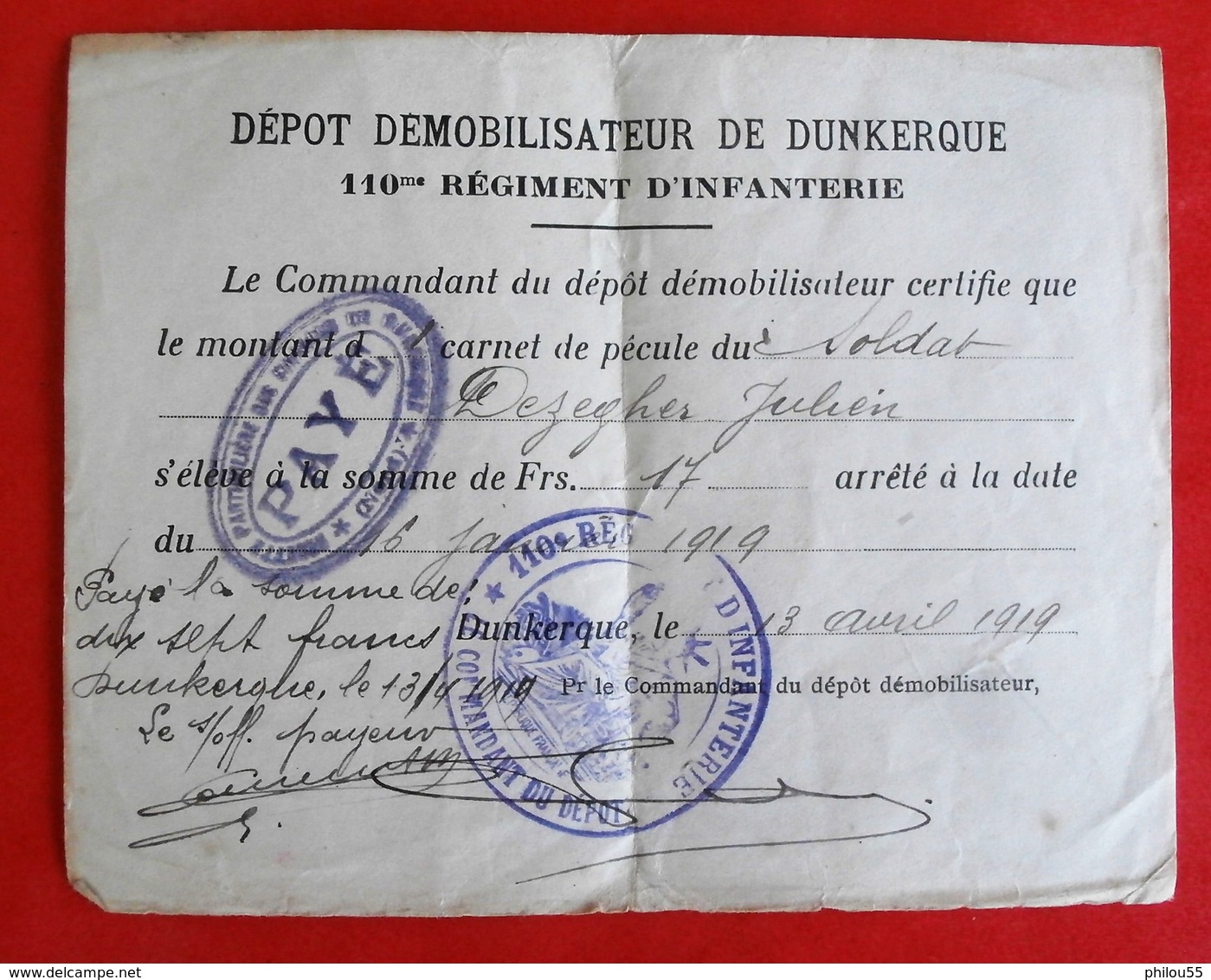 DEPOT DEMOBILISATEUR DE DUNKERQUE 110eme RI 1919 - Documenti Storici