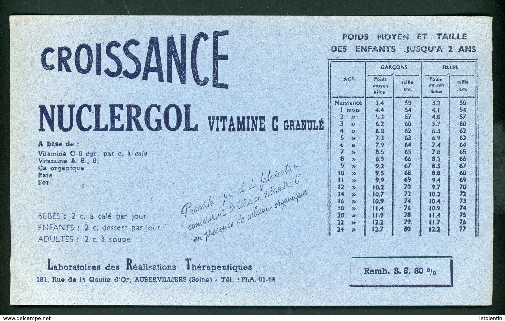 BUVARD:  CROISSANCE NUCLERGOL - FORMAT  12X20,5 Cm - Produits Pharmaceutiques