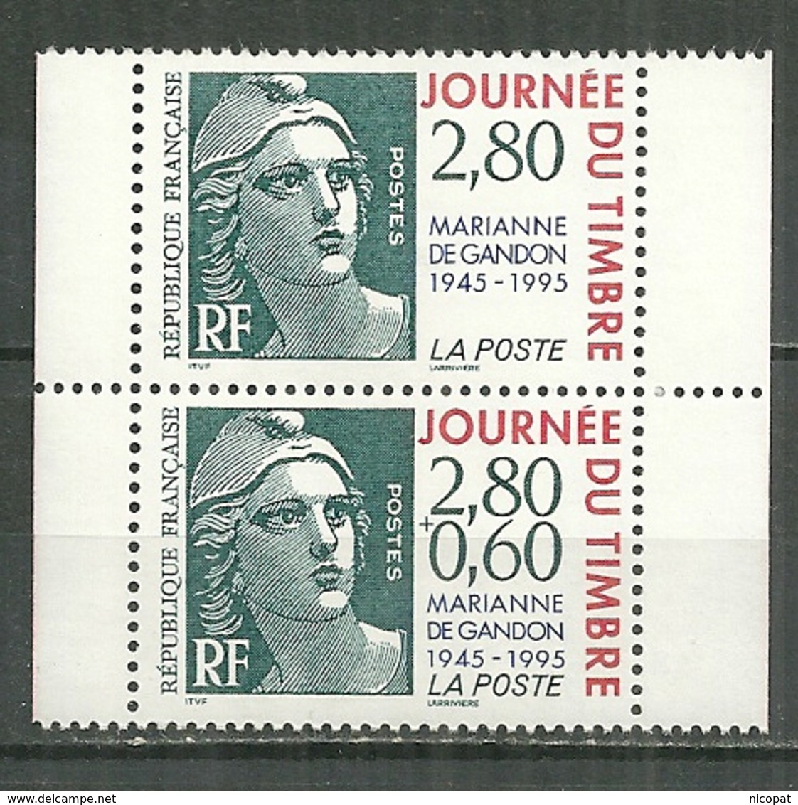 FRANCE MNH ** P2934A Paire émis En Carnet Marianne De Gandon Journée Du Timbre 1995 P 2934 A 2933a 2934 - Neufs