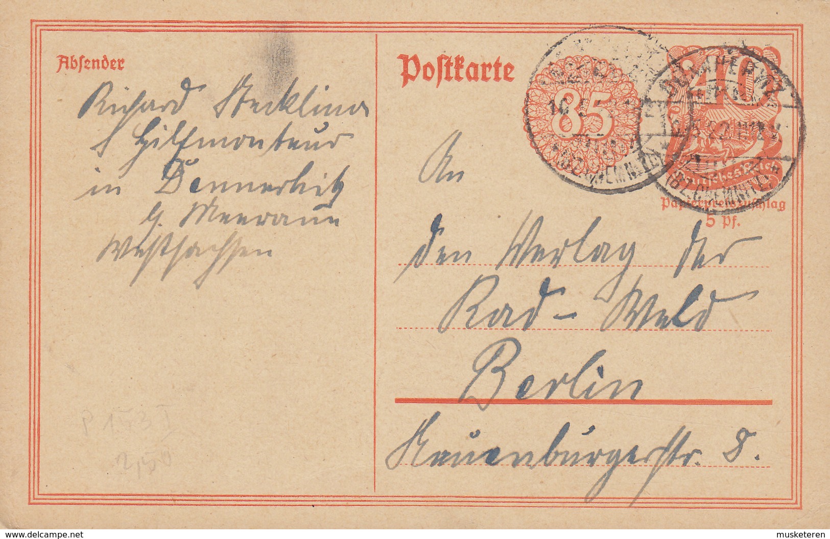 Deutsche Reichspost Postal Stationery Ganzsache 85 N. 40 Pf. Postreiter M. Rossendruck Dennheritz CHEMNITZ 1922 - Cartes Postales