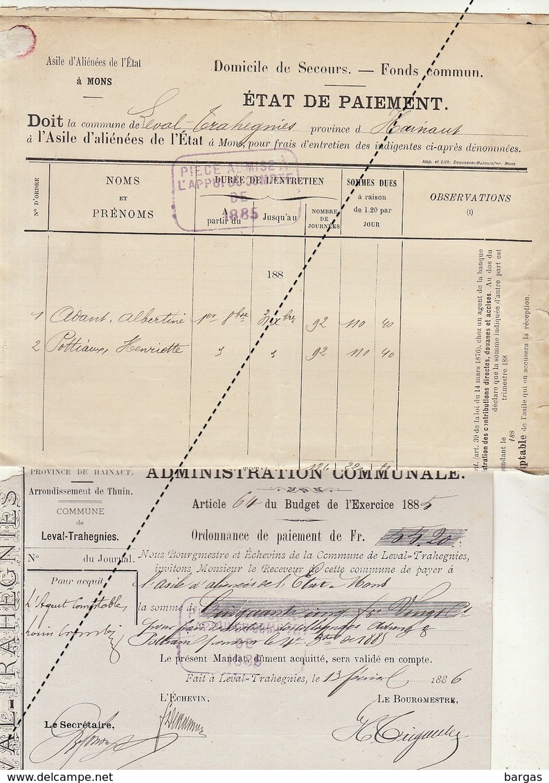 1885 Leval Trahegnies - Binche Liste Asile D'aliénés à Mons Avant Pottiaux Domicile De Secours - Documents Historiques