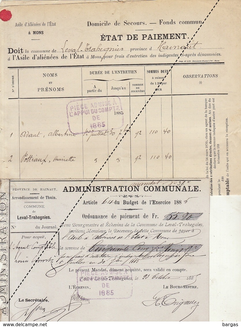 1885 Leval Trahegnies - Binche Liste Asile D'aliénés à Mons Avant Pottiaux Domicile De Secours - Historische Documenten