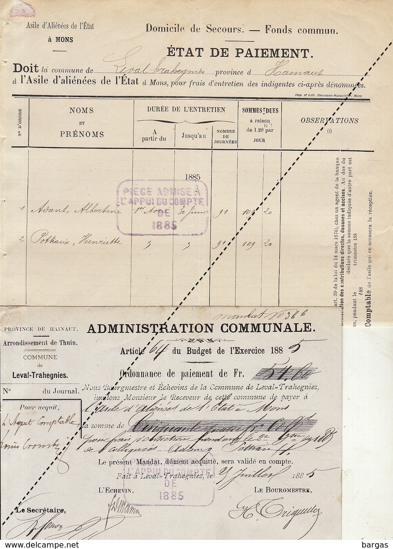 1885 Leval Trahegnies - Binche Liste Asile D'aliénés à Mons Avant Pottiaux Domicile De Secours - Documents Historiques