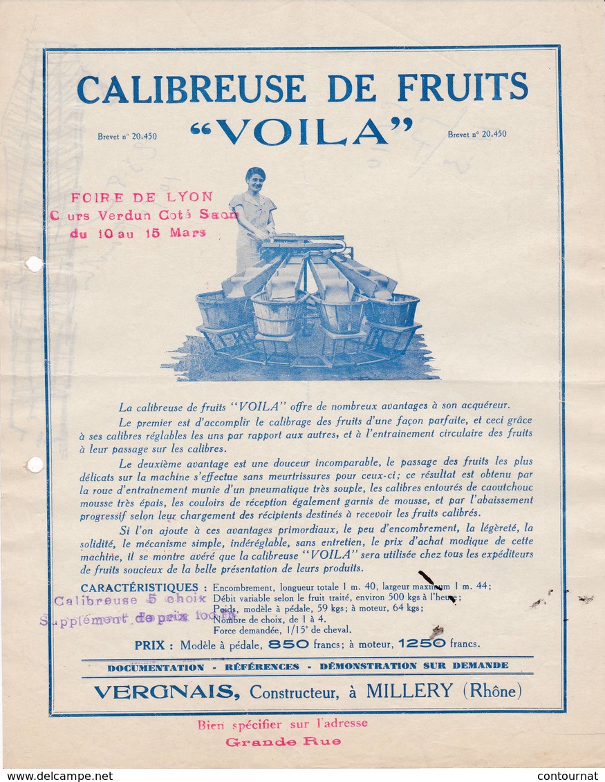 69 MILLERY Publicité CALIBREUSE DE FRUITS " VOILA "  VERGNAIS Constructeur - X29 Rhone C/. ST SYMPHORIEN D' OZON - 1900 – 1949