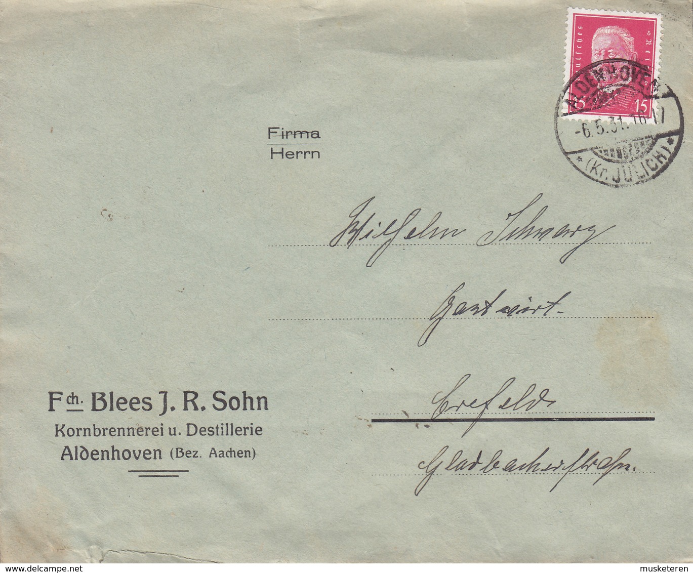 Germany Deutsche Reichspost Fch. BLEES J. R. SOHN Kornbrennerei U. Destillerie ALDENHOVEN (Kr. Julich) 1931 Cover Brief - Briefe U. Dokumente