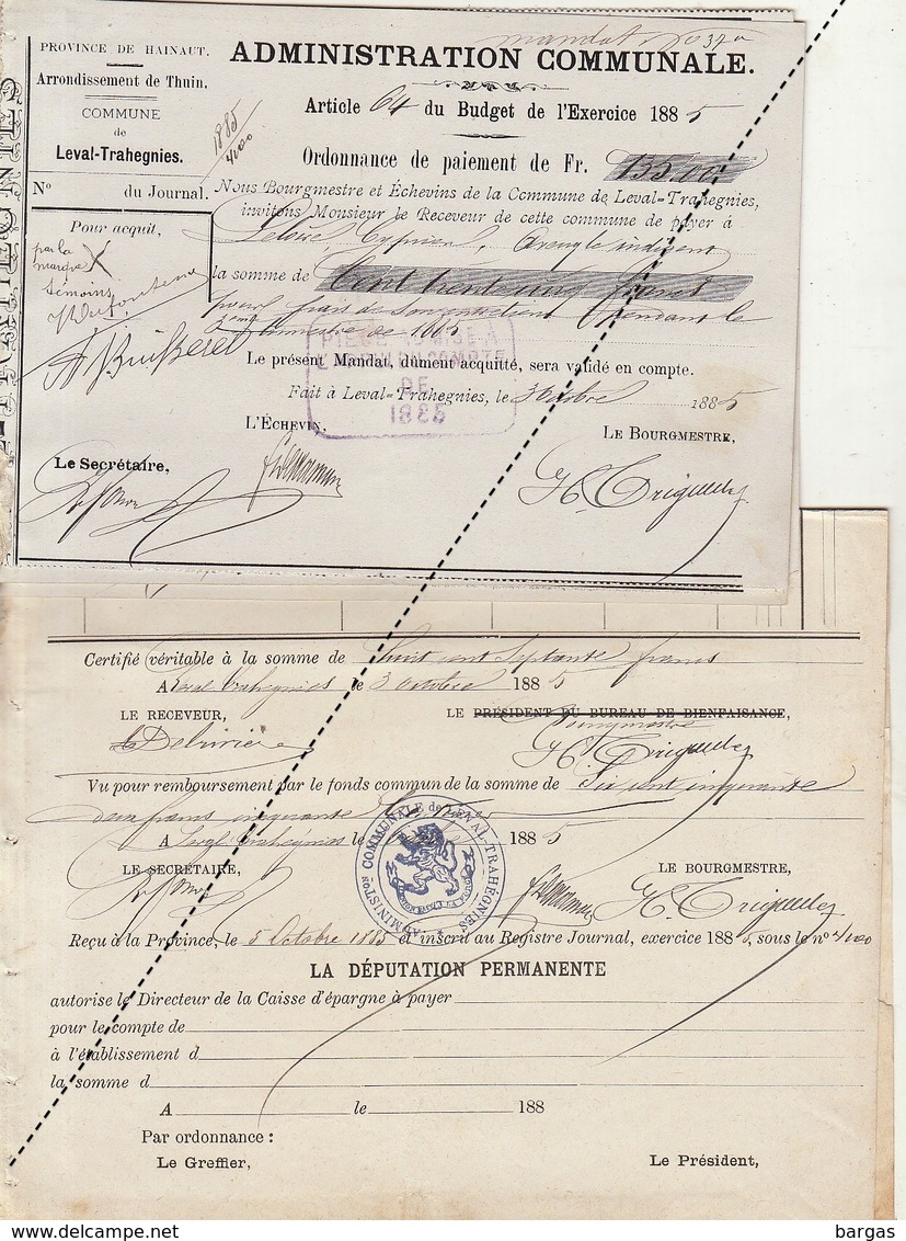 1885 Leval Trahegnies - Binche Domicile De Secours Liste Et Ses 2 Mandats - Fonds Communs Pour Leopold Joachim - Documents Historiques