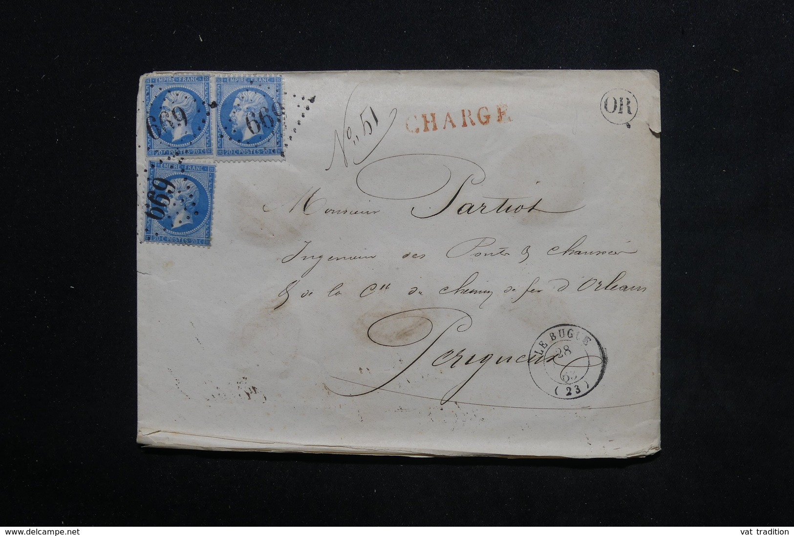 FRANCE - Enveloppe De Bugue En Chargé Pour Périgueux En 1863 , Oblitération GC 669 Sur 3 Napoléons - L 23123 - 1849-1876: Période Classique