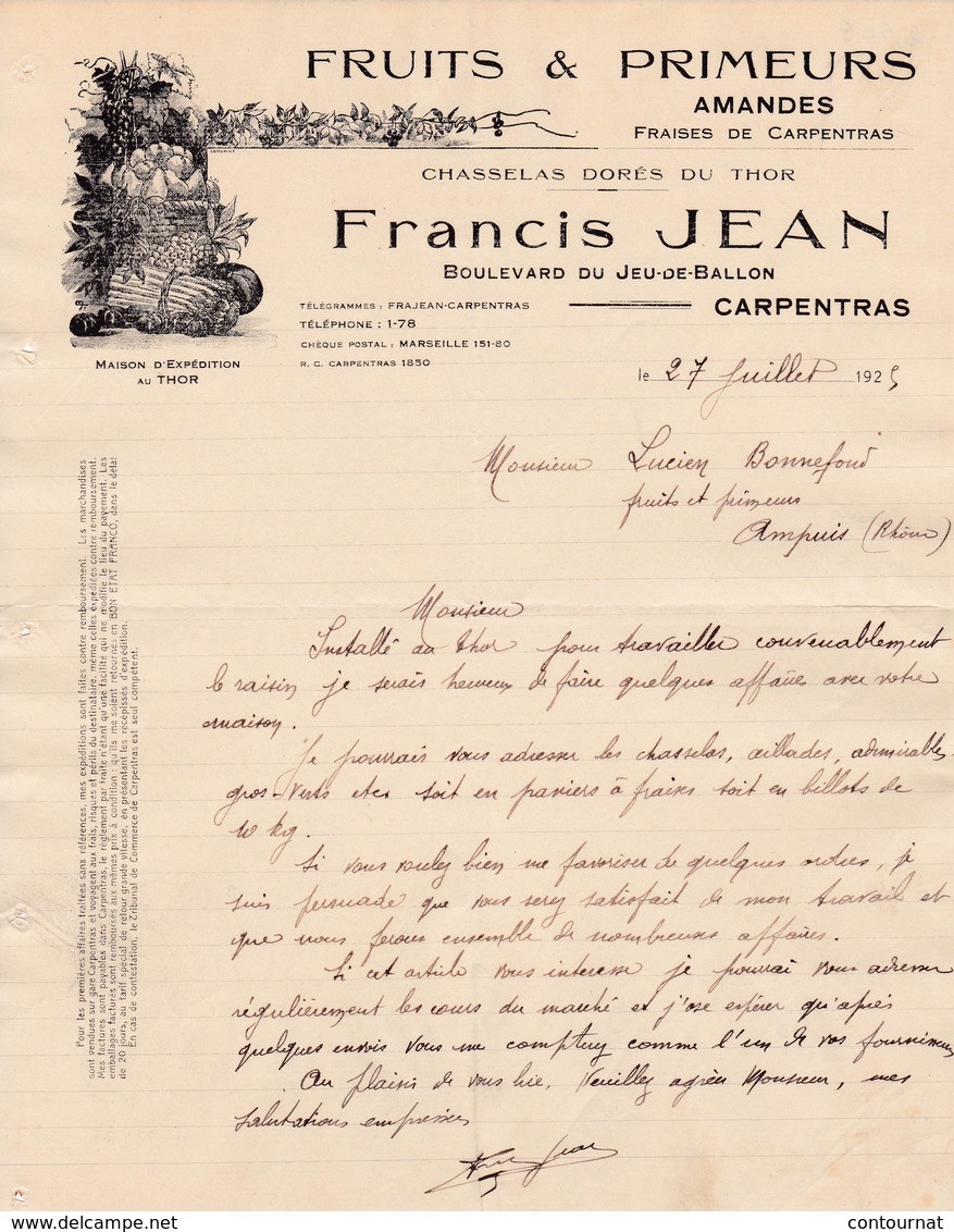 84 CARPENTRAS COURRIER 1925  Fruits & Primeurs  Amandes Francis JEAN X29 Vaucluse - 1900 – 1949