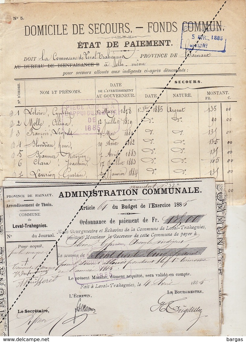 1885 Leval Trahegnies - Binche Liste Domicile De Secours Et 7 Mandats Fonds Communs Leloire Molle Blondiau Biaumez ... - Documents Historiques