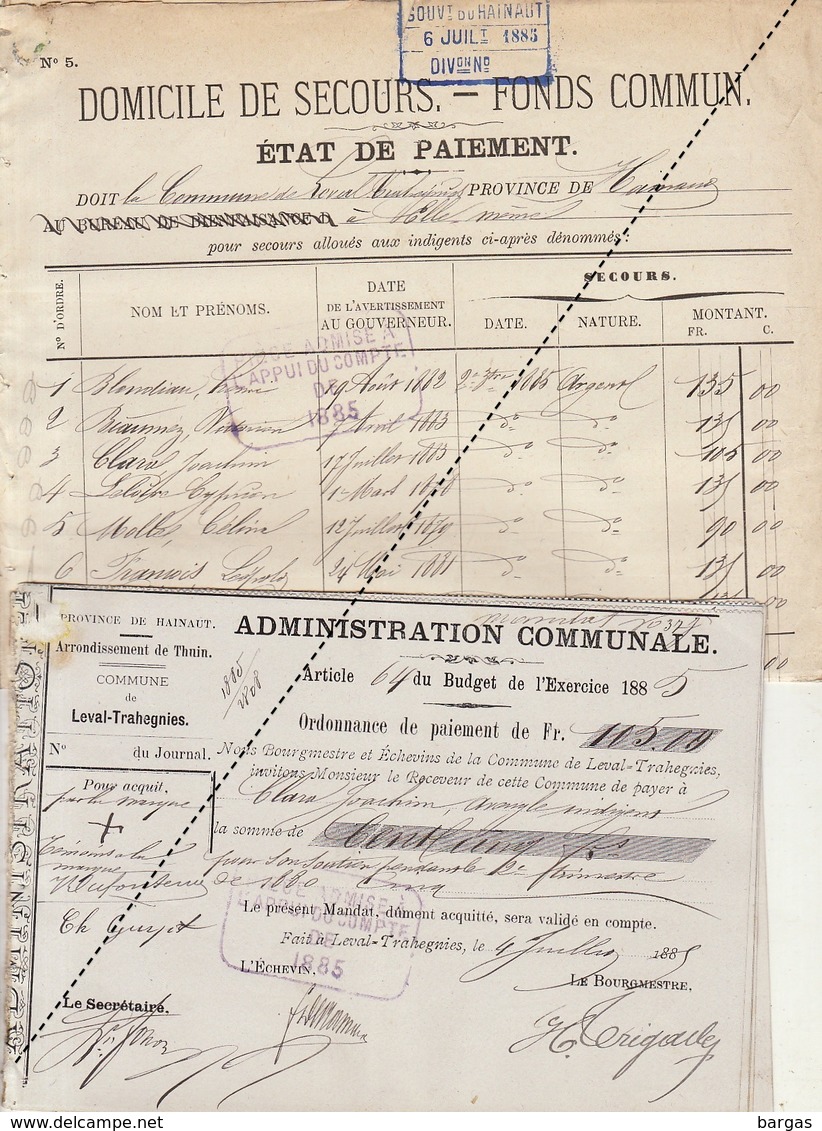 1885 Leval Trahegnies - Binche Liste Domicile De Secours Et 7 Mandats Fonds Communs Leloire Molle Blondiau Biaumez ... - Documents Historiques