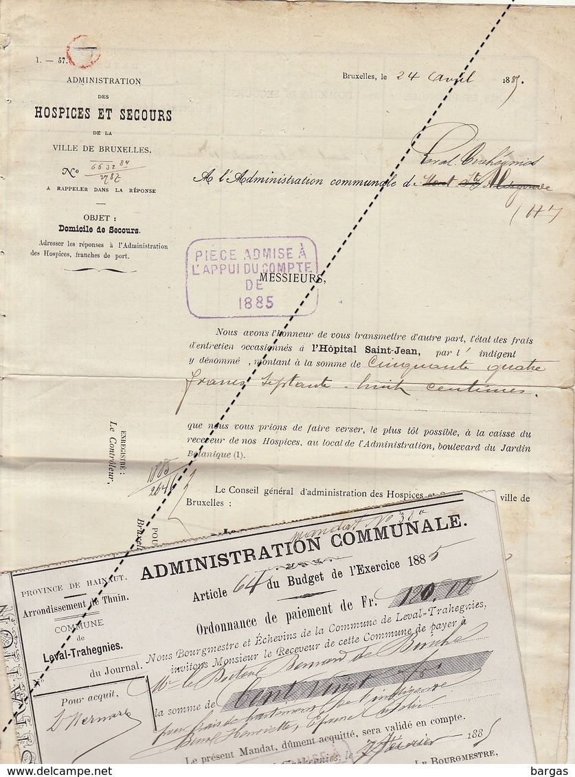 1885 Leval Trahegnies - Docteur Bernard De Binche + 2 Mandats Hospices Et Secours Indigent Hôpital Saint Jean - Documents Historiques