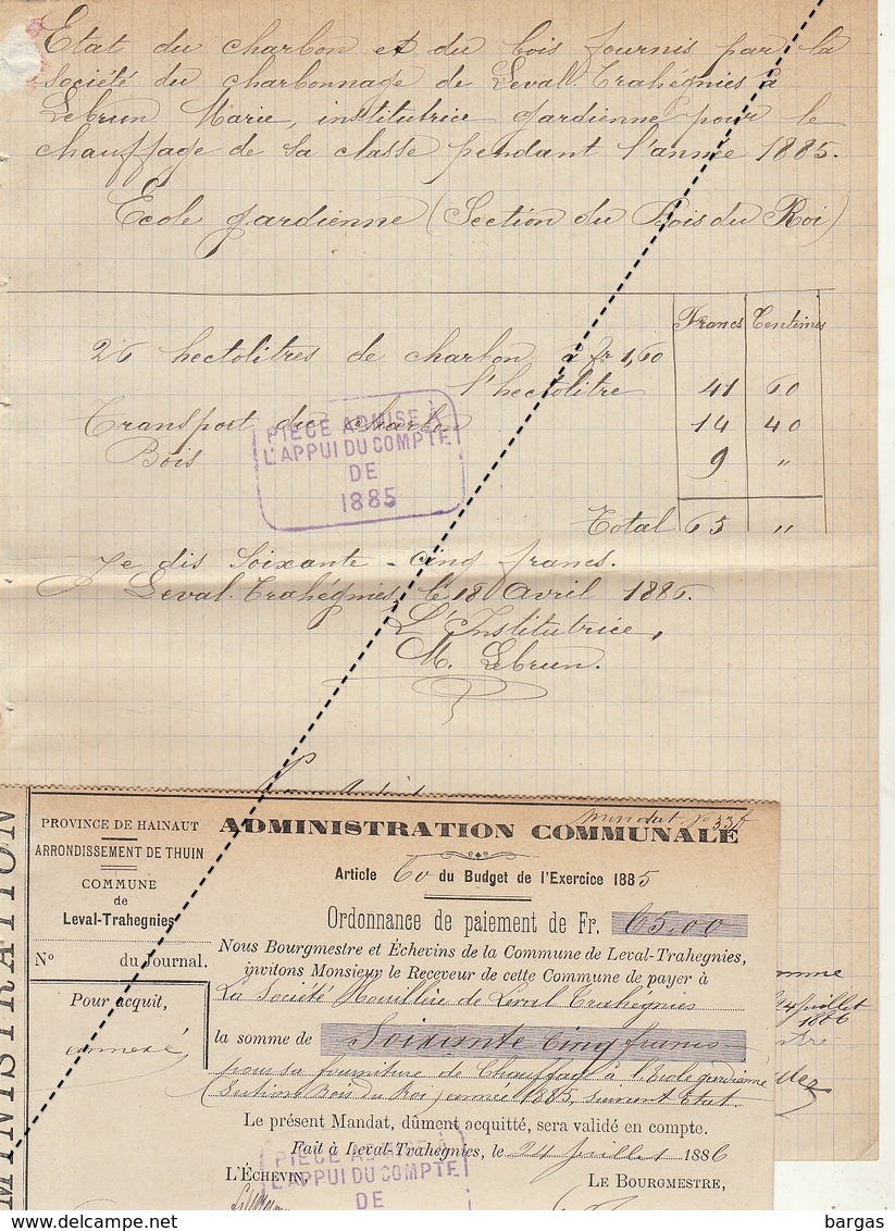 1885 Leval Trahegnies - Binche état Du Charbon Et Bois De L'école Société De Charbonnage à Lebrun Institutrice - Documents Historiques