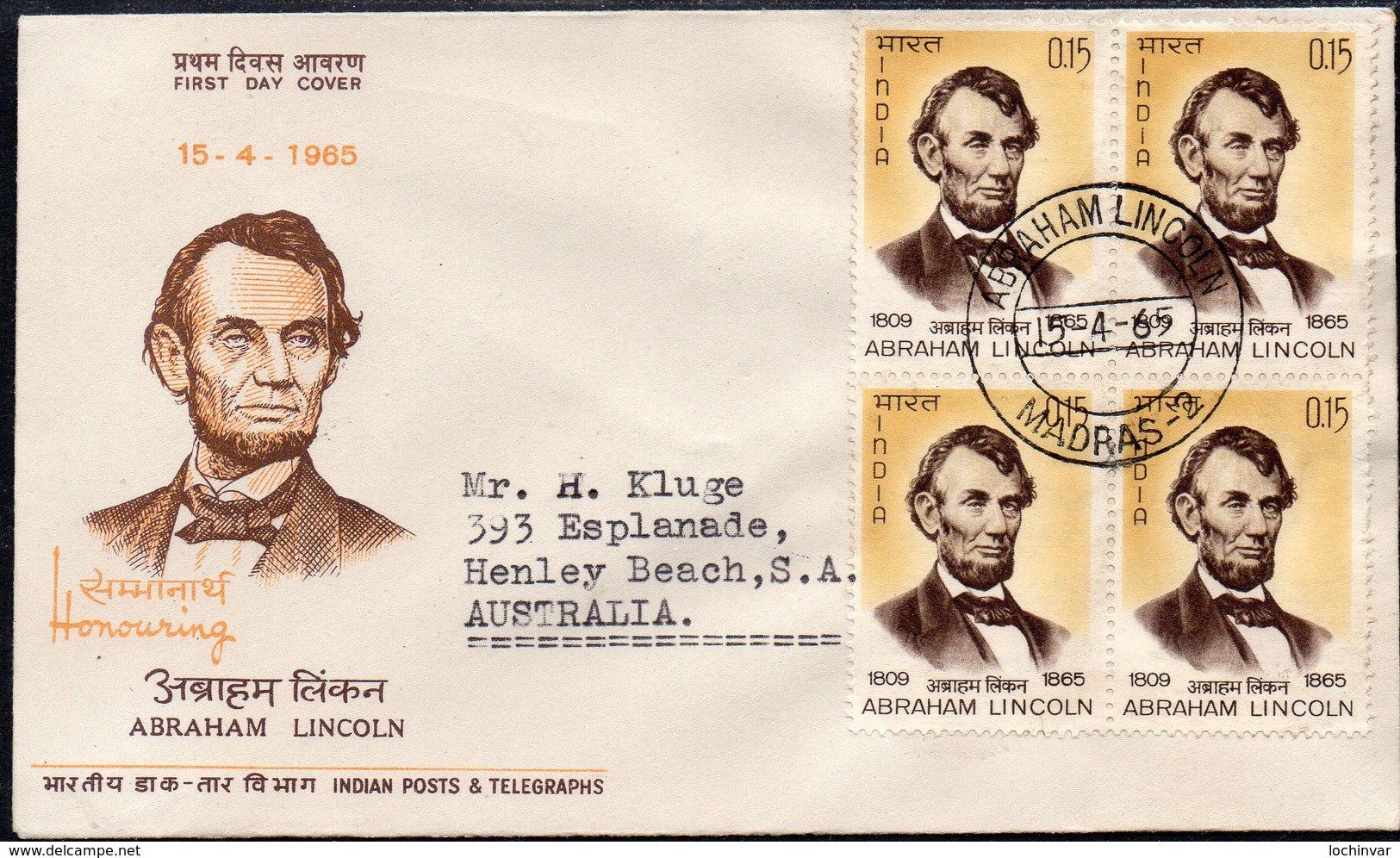 INDIA, 1965 ABRAHAM LINCOLN BLOCK 4 FDC - Covers & Documents